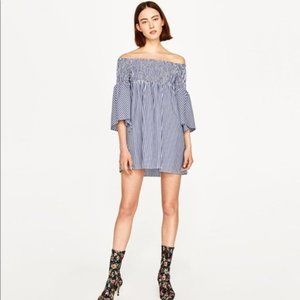 Zara Striped Off The Shoulder Smocked Dress